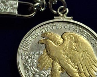 Walking Liberty .900 Silver Coin, Gold Eagle, Keychain with COA & Velvet Gift Box