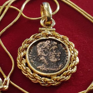 Late Roman Coin Pendant of Emperor Constans, AD 337-350 set on an 18kgf Gold Filled Italian Snake Chain. COA & Box, 20mm Rope Bezel