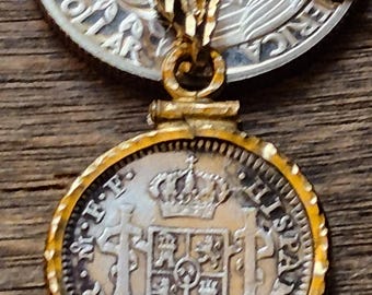 1781 Colonial Spanish Mexico City mint half Reale .917 silver coin pendant on an 18kgf gold filled chain w COA & Gift box.