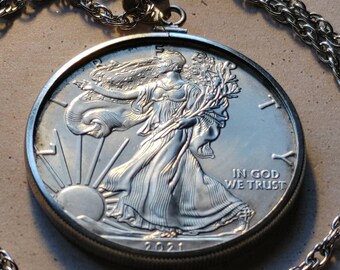 USA minted 2021 American Silver Eagle Sterling .999 coin necklace with Velvet Gift Box.