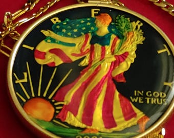 Echtes 2001 Made in America .999 Silber Adler Dollar Anhänger mit einer 22 "18 kgf Gold gefüllte Kette mit COA & Geschenkbox.