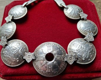 Genuine Sterling silver 1938-1943 Australia & New Guinea genuine artist made concho bracelet 6.5" inches closed length with gift box.