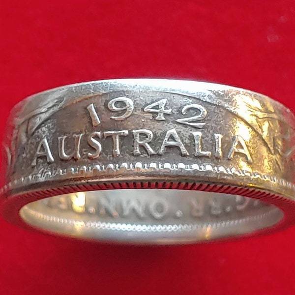 Classic 1942 Australia World War 2 era Sterling Silver Florin coin ring. Sized to fit with gift box, Authentic in the style of trench art