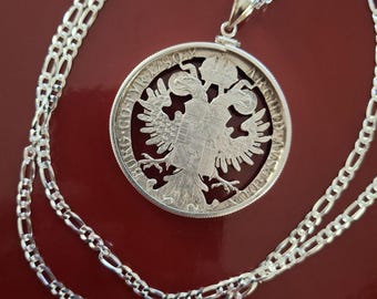 Artist Sihlouette Cutout Silver Austrian Thaler 1780 Coin pendant on an Italian Sterling Silver Rope Chain. 40mm diameter. w Gift Box.