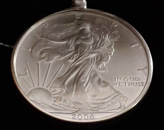 2006 1oz. Walking Liberty Classic US .999 Silver American Eagle Coin Pendant on a 20" Sterling Silver Italian Chevron Weave 3mm Chain 40MM