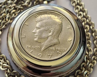 1973 US minted American John FKennedy Half Dollar, Surgical Stainless with 26 gram Antique Sterling silver link chain  w COA & Gift Box