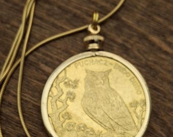 2005 Poland Eurasian Eagle Owl Bubo-bubo Zlote coin pendant on a 22" 18K Gold Overlay sterling snake Chain 28mm diameter with gift box