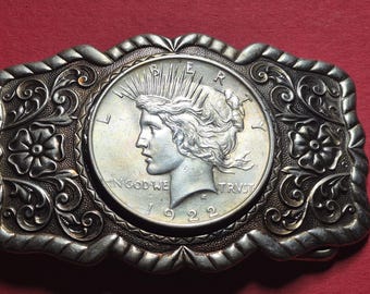 Brilliant Gem 1922 .900 Silver Peace Dollar Western Belt Buckle, Statue of Liberty, Western Cowgirl Gift 3.2"x2" fits 1.5" belt w Coa & Box.