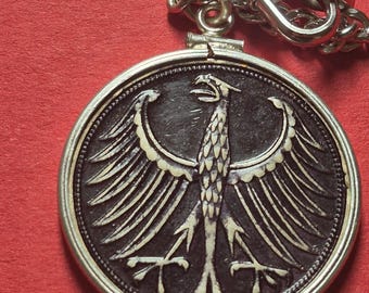 1951 Germany Antique Silver 5 Mark Bundesrepublik Deutscheland Sterling Bezel Pendant on a 925 Sterling Silver keychain. Genuine mid century