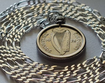 1928 CELTIC IRELAND rare Irish Harp Sixpence Coin Pendant set on Italian Sterling Silver Figaro Chain