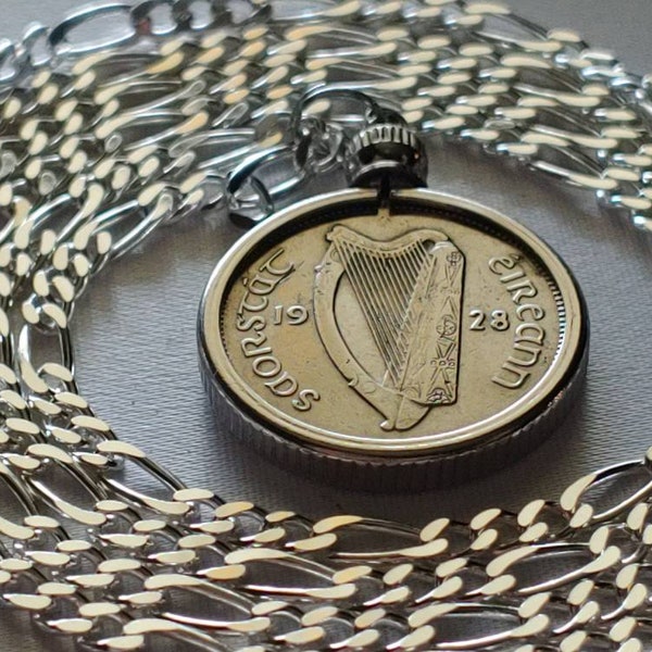 1928 CELTIC IRELAND rare Irish Harp Sixpence Coin Pendant set on Italian Sterling Silver Figaro Chain