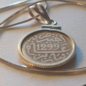 Authentic 1882 Moroccan Silver Year 1299 Half Dirham 16mm Sterling Silver Coin Bezel Pendant on an 18" Petite Italian Sterling Snake Chain image 1