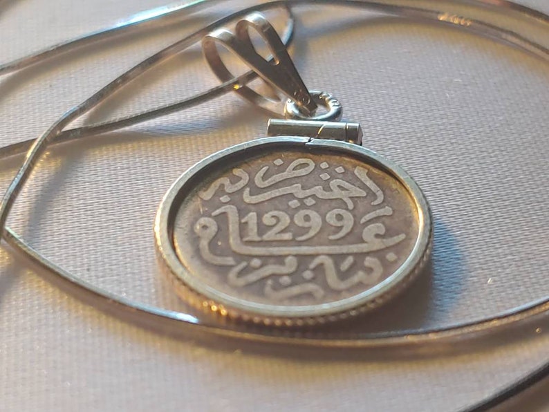 Authentic 1882 Moroccan Silver Year 1299 Half Dirham 16mm Sterling Silver Coin Bezel Pendant on an 18" Petite Italian Sterling Snake Chain image 1