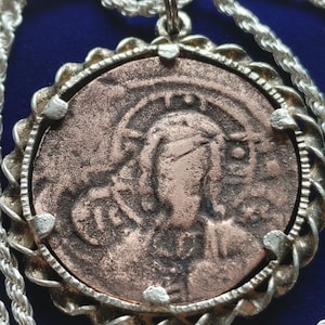 Byzantine coin pendant Michael VII Ducas 1071-1078 AD Follis of Constantinople on a 24" Italian silver rope chain w COA w Velvet box 32mm