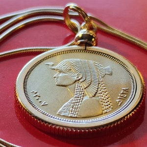 Egyptian Cleopatra Piastres Coin Pendant Necklace, Original Certified Handcrafted, with 18k Gold Filled Italian Snake or Figaro Chain 25mm