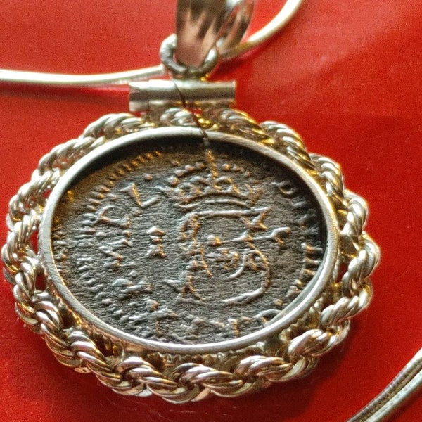 Found Medieval Swedish Livonian 16th century Silver Solidus mounted Shilling coin charm with a Sterling Silver Snake Chain. 20mm w COA & Box