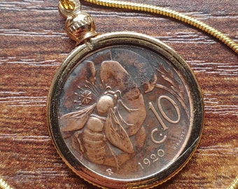 Honeybee polinator antique  Coin Pendant Necklace, 1920 Italian coinage, on a 22&quot;  Smooth Gold Filled round chain.