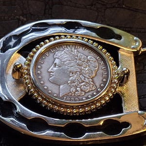 Authentic Antique 1889 USA Morgan .900 Silver Dollar & Surgical Steel Horseshoe Cowboy Belt Buckle.  3&quot;x3&quot;, fits up to a 45mm belt .