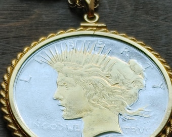 Gilded American silver 1923 Statue of Liberty Peace dollar 24" Itly 18kgf Gold layered Sterling rope chain with COA & gift box