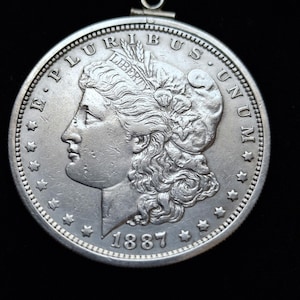 US original quality made 1887 Morgan silver dollar .900 coin pendant set on a 22" Italian Sterling Silver snake chain w COA & Gift Box