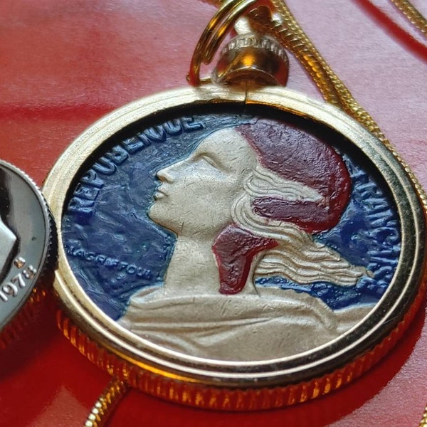 1963 French Liberty Maiden Coin Pendant in full color on a 22"  18kgf Gold Filled Snake Chain