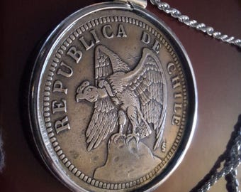 1933 Chilean Condor over the Andes mountain genuine Coin Pendant on a 24"  sterling silver Italian rope chain Chain. Peso 30mm.