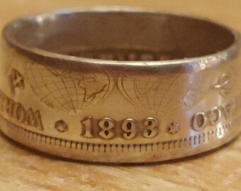 Anillo antiguo original para hombre, moneda conmemorativa de la Exposición Universal de Chicago de 1893 (1492-1892), plata .900. Tallas de la 11 a la 14,75.