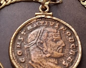 295-305AD Ancient Roman coin pendant Constantius, Juno Moneta w Cornucopia & scales justice Bronze Follis necklace W COA and Gift Box.
