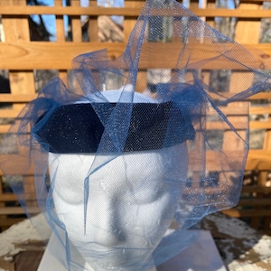 Vintage 1950s-1960s Black Velvet Ring Hat with Stunning Blue Veil and Feathered Flower