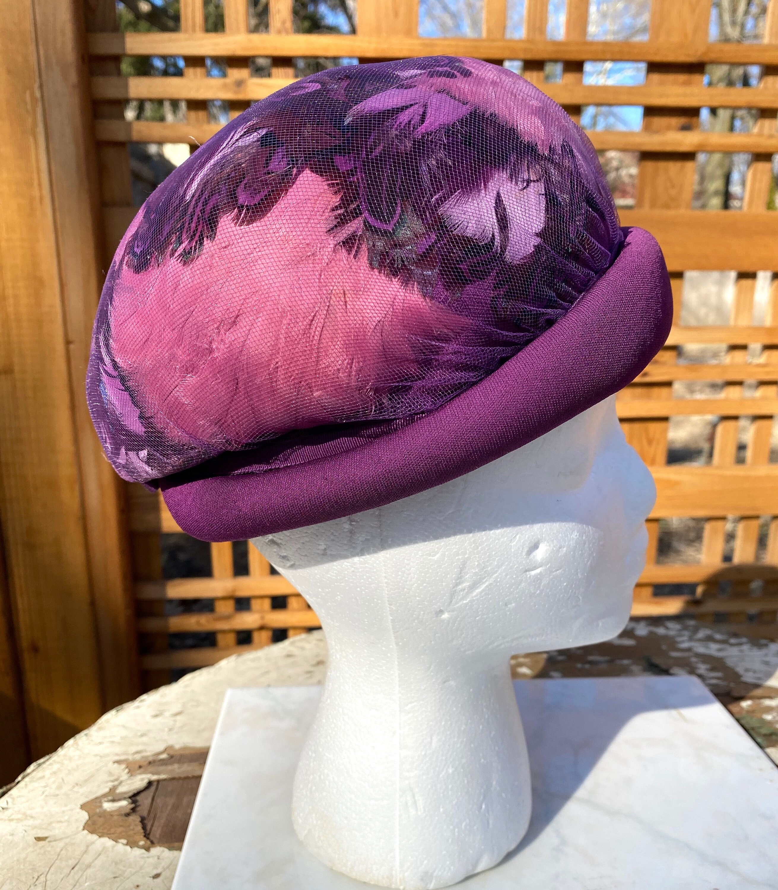 1950s vintage Purple knitted hat wit Yellow Feather Accent Purple Feather Hat 1950s - Etsy main image 2