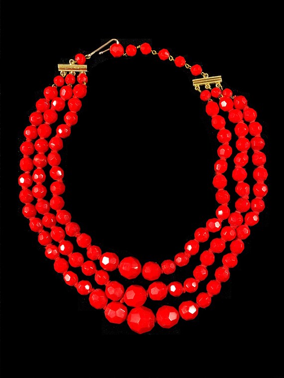 Pre-War Vintage Three-Strand Red Faceted Necklace