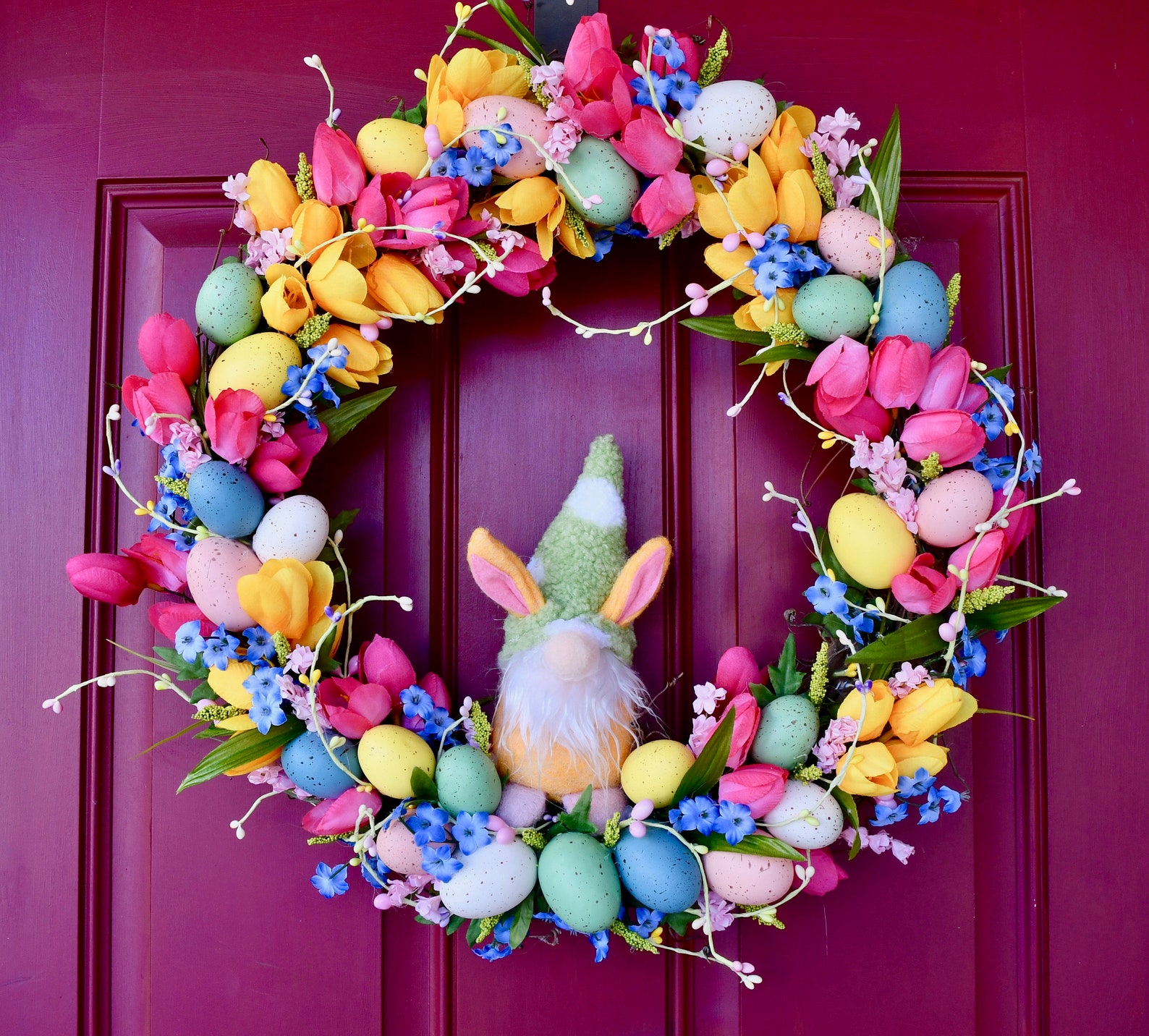 Easter Gnome Grapevine Wreaths with Flowers, Greenery, Eggs and Twig Berries Easter Gnome Grapevine Wreaths with Flowers, Greenery, Eggs and Twig Berries
