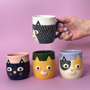 Made to Order | Small Cat Mug (9 fl oz) | Handmade Ceramics | Kitten Mug w/ Handle | Pet Pottery