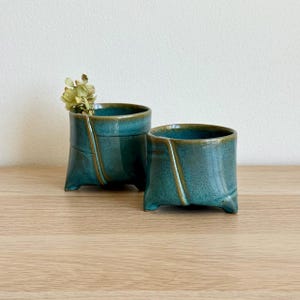 Pode incluir: Duas floreiras de cerâmica azul-turquesa com um design angular único e uma linha de destaque castanha. Uma floreira contém flores secas. As floreiras têm um acabamento brilhante e estão sobre uma superfície de madeira.