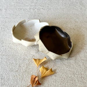 Può includere: Due ciotole in ceramica, una bianca con una glassa craquelata e una marrone scuro, con una forma semplice e organica. Le ciotole sono su una superficie strutturata con foglie secche.