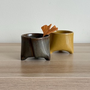 May include: Two small ceramic planters in a minimalist style. One is dark brown, the other mustard yellow. A dried orange leaf sits in the brown planter. The planters are square with rounded corners and three small feet. Each planter is approximately 7 cm tall.