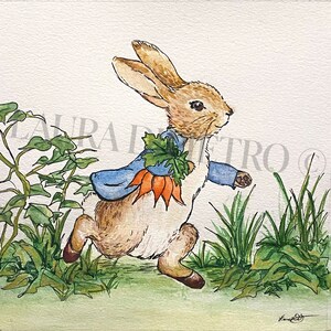 Acuarela de Peter Rabbit + estampados cuadrados gouache conjunto de 4. Beatrix Potter Nursery Art. Impresiones de ilustraciones de personajes dibujadas y pintadas a mano.