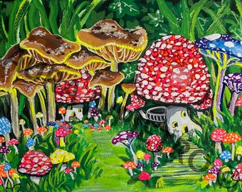 Tiny Mushroom House Gouache Painting Archival Print Art Print