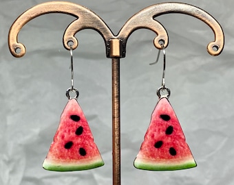 Watermelon Fruit Slice Summertime Food Dangle Drop Earrings