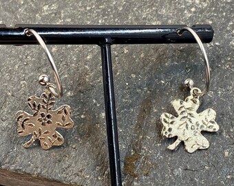 Stainless Steel Floral Embossed Four Leaf Clover Charm on Hoop Earrings