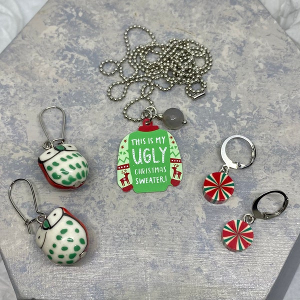 This Is My Ugly Sweater, Peppermint Swirl Candies, Winter Snow Owl Holiday Themed Earrings and Necklace - Christmas