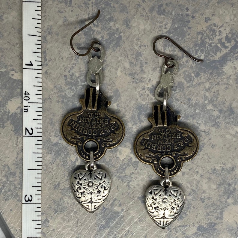 Long Statement Bronze Key and Antiqued Silver Heart Dangle Drop Earrings