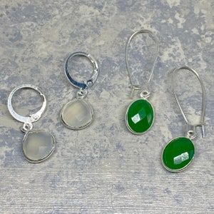 Silver Bezel Green Onyx and White Chalcedony Gemstone Dangle Drop Earrings