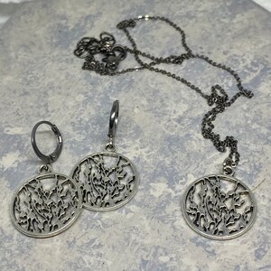 Silver Circle Ring Branch Charm Necklace and Dangle Drop Earrings