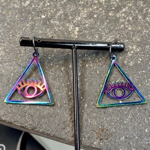 Color Changing Rhodium Plated All Seeing Eye Triangle Charm Dangle Drop Earrings