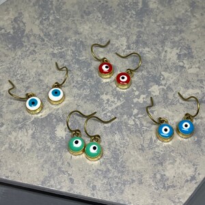 Tiny Gold and White, Teal, Red, Blue Evil Eye Minimalist Drop Earrings