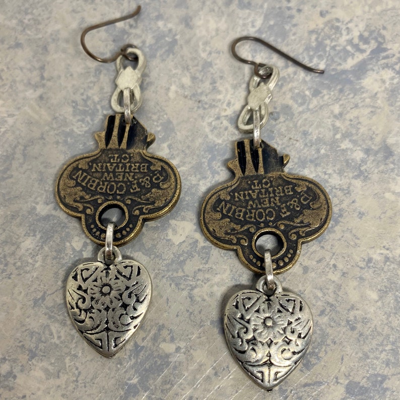 Long Statement Bronze Key and Antiqued Silver Heart Dangle Drop Earrings
