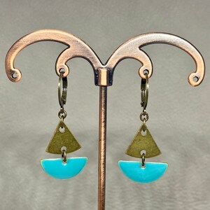 Bronze and Teal Enameled Dangle Drop Charm Earrings