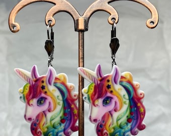 Acrylic Fantasy Rainbow Pink Unicorn Pony Dangle Drop Charm Earrings