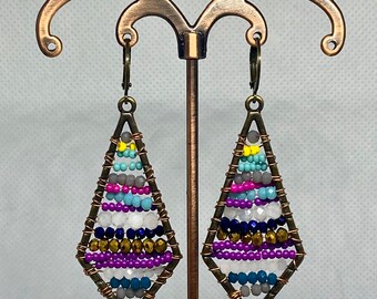 Multicolored Beads Wire Wrapped on Bronze Charm Earrings